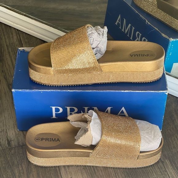 Gold Rhinestones Open Toe Sandals Casual Slides Slippers Beach Platform Shoes - Picture 3 of 5